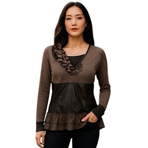 FARINELLI VNECK KNIT EMBELLISHED LONG SLEEVE GOTH RUFFLED LACE VEGAN LEATHER TOP